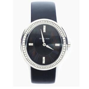 CELINE DION Round Dial Crystal Pave Stainless Steel Case Black Band Wristwatch